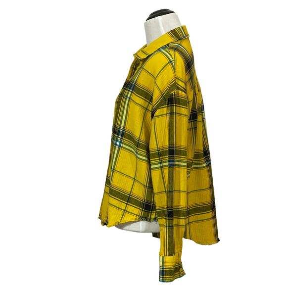 BP Plaid Frayed Hem Flannel Button Up Top - Yellow Multi - Small - Picture 2 of 11